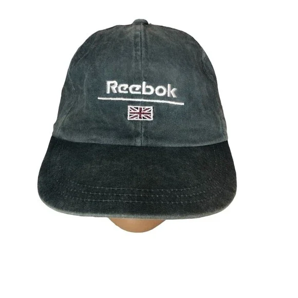 Vintage 90s Reebok Blue Wash British Union Jack Flag Leather Adjustable Hat - Picture 2 of 8